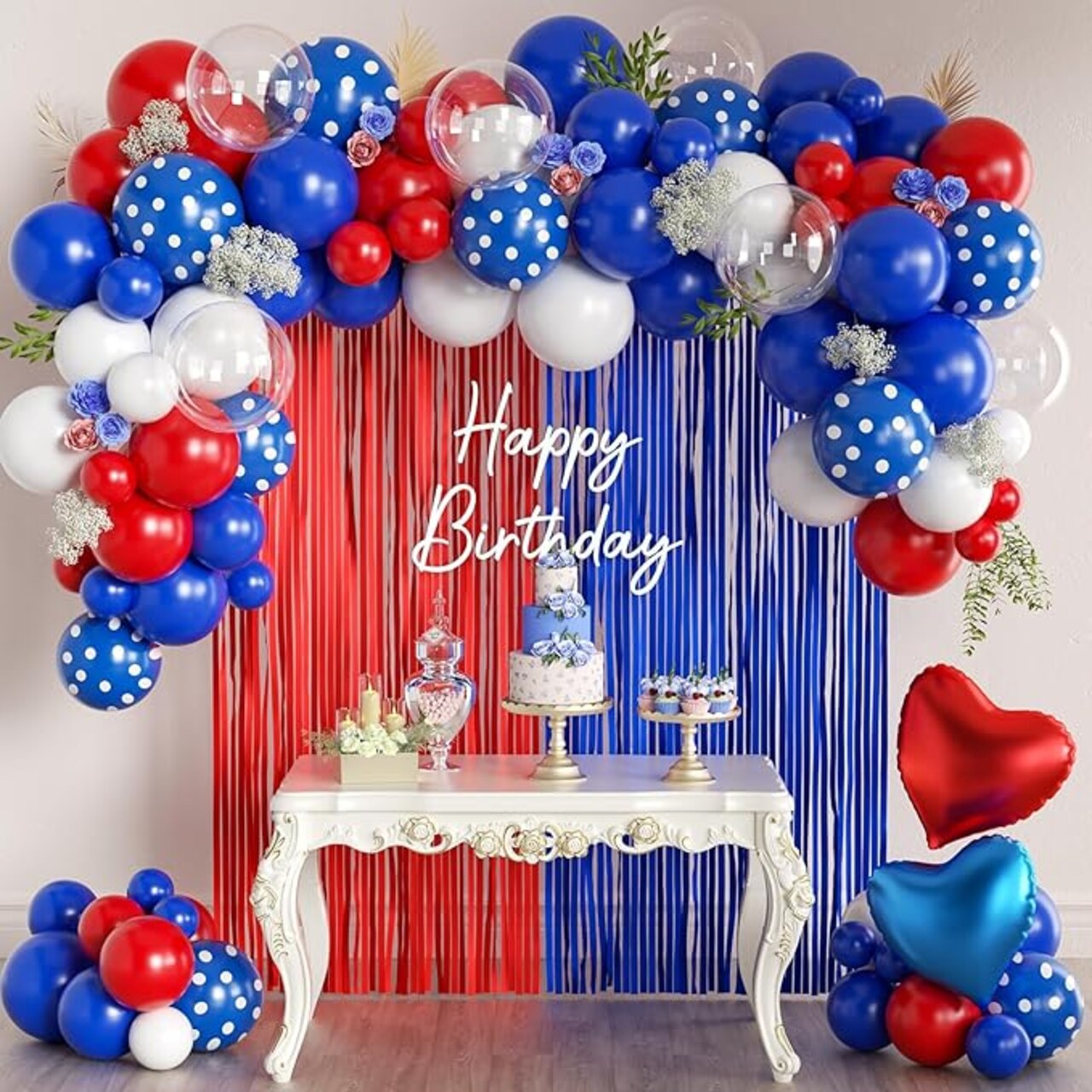 157Pcs Red White and Blue Balloons Garland Arch Kit with Fringe Curtain for 4th of July Memorial Veterans Day Patriotic Graduation Birthday Wedding Nautical Baseball Theme Party Decorations
